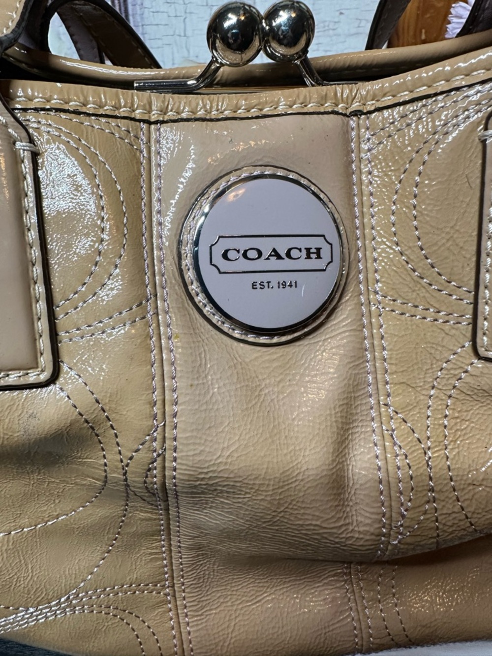 Coach Beige Patent Leather Tote with Signature Stitching - Picture 10 of 16